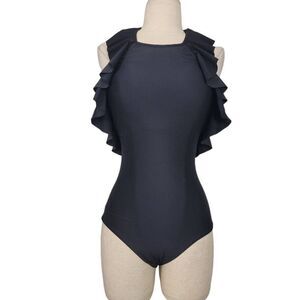 NWT Hermoza Marcela Ruffle One Piece Swimsuit Sz 2 Black Halter Open‎ Back